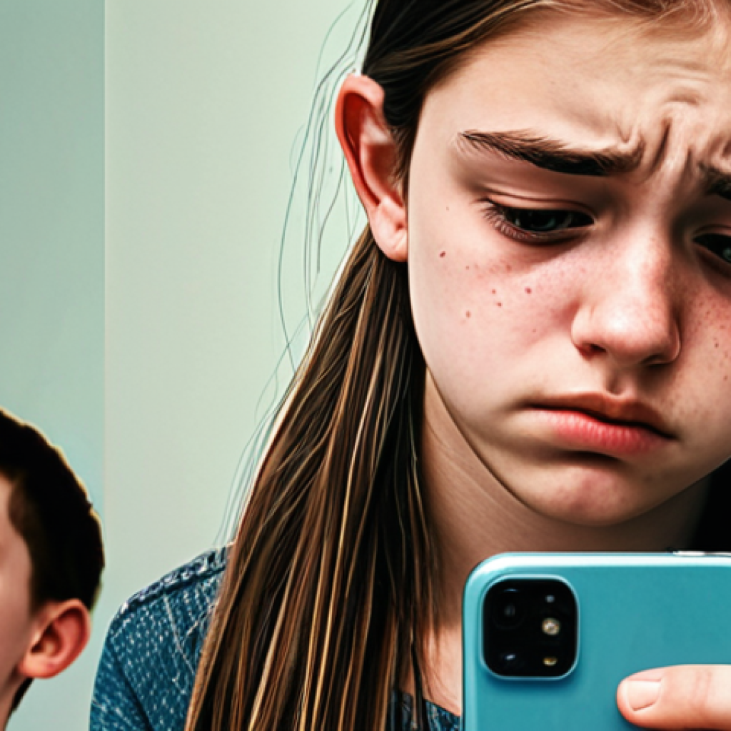 A teenager looking at their phone, with images of seemingly perfect lives on the screen. The teen appears sad and insecure, reflecting the negative impact of social comparison on self-esteem. Soft, desaturated colors.