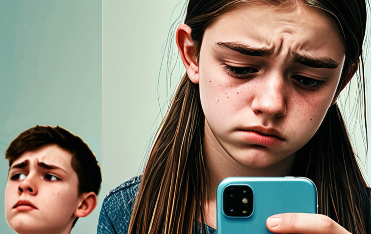 A teenager looking at their phone, with images of seemingly perfect lives on the screen. The teen appears sad and insecure, reflecting the negative impact of social comparison on self-esteem. Soft, desaturated colors.