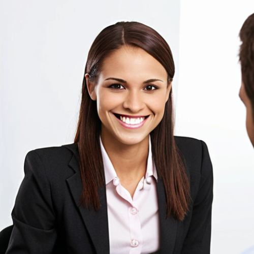 **Confident Job Interviewee:** A well-dressed individual with excellent posture, smiling genuinely during a job interview. The background should be a professional office setting. Focus on conveying confidence and approachability.