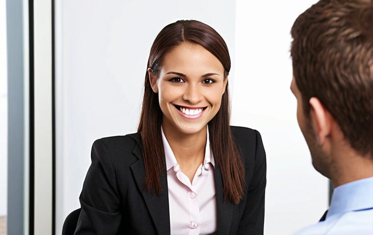 **Confident Job Interviewee:** A well-dressed individual with excellent posture, smiling genuinely during a job interview. The background should be a professional office setting. Focus on conveying confidence and approachability.