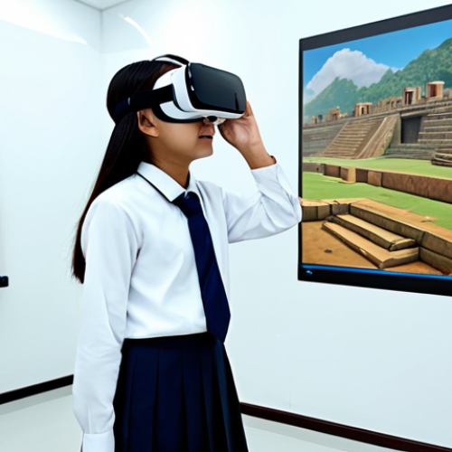 A Malaysian teenager, fully clothed in a modest school uniform, wearing a state-of-the-art VR headset and interacting with an immersive virtual environment depicting an ancient civilization. They are standing in a clean, well-lit modern learning lab, with subtle educational graphics on the walls. The scene emphasizes focused engagement and curiosity. Perfect anatomy, correct proportions, natural pose, well-formed hands, proper finger count, natural body proportions. Professional photography, high quality, safe for work, appropriate content, fully clothed, professional, family-friendly.