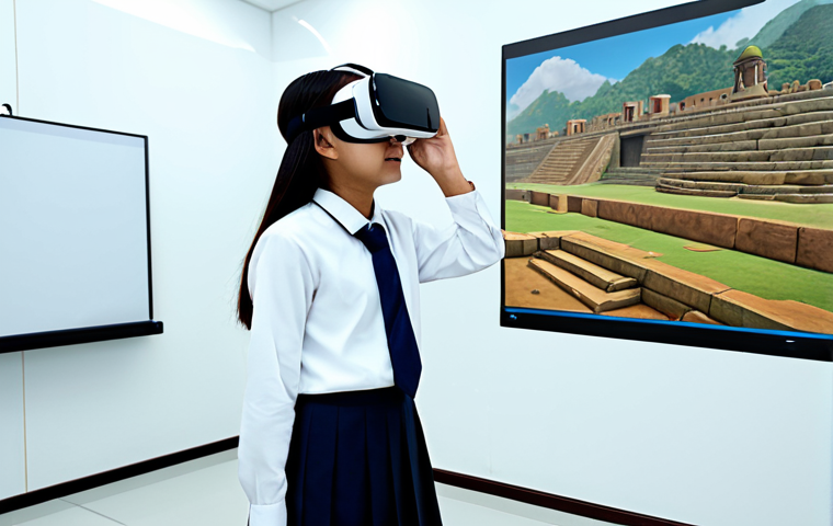 A Malaysian teenager, fully clothed in a modest school uniform, wearing a state-of-the-art VR headset and interacting with an immersive virtual environment depicting an ancient civilization. They are standing in a clean, well-lit modern learning lab, with subtle educational graphics on the walls. The scene emphasizes focused engagement and curiosity. Perfect anatomy, correct proportions, natural pose, well-formed hands, proper finger count, natural body proportions. Professional photography, high quality, safe for work, appropriate content, fully clothed, professional, family-friendly.