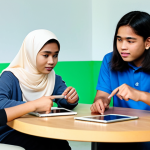 A diverse group of Malaysian teenagers, male and female, aged 15-18, fully clothed in modest, contemporary casual wear, are seated around a modern table in a brightly lit community learning center. They are engaged in a focused discussion, sifting through digital information on tablets and physical books, symbolizing critical thinking amidst information overload. One teenager points thoughtfully at a screen, while another processes data with a discerning expression. The setting emphasizes collaborative learning and digital literacy. perfect anatomy, correct proportions, natural pose, well-formed hands, proper finger count, natural body proportions, safe for work, appropriate content, fully clothed, professional, family-friendly, high quality, studio lighting, detailed.