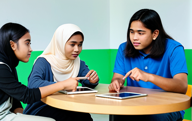 A diverse group of Malaysian teenagers, male and female, aged 15-18, fully clothed in modest, contemporary casual wear, are seated around a modern table in a brightly lit community learning center. They are engaged in a focused discussion, sifting through digital information on tablets and physical books, symbolizing critical thinking amidst information overload. One teenager points thoughtfully at a screen, while another processes data with a discerning expression. The setting emphasizes collaborative learning and digital literacy. perfect anatomy, correct proportions, natural pose, well-formed hands, proper finger count, natural body proportions, safe for work, appropriate content, fully clothed, professional, family-friendly, high quality, studio lighting, detailed.