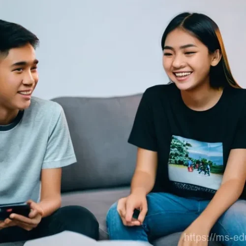 청소년의 미디어 인식 변화 연구 - **Prompt:** A modern Malaysian teenager, approximately 14-16 years old, sits on a comfortable sofa i...