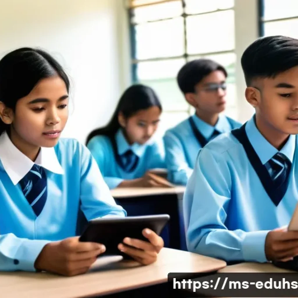 학교에서의 미디어 교육 효과 분석 - A diverse group of Malaysian secondary school students sitting attentively in a modern classroom, en...