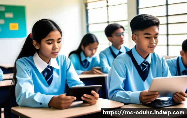 학교에서의 미디어 교육 효과 분석 - A diverse group of Malaysian secondary school students sitting attentively in a modern classroom, en...