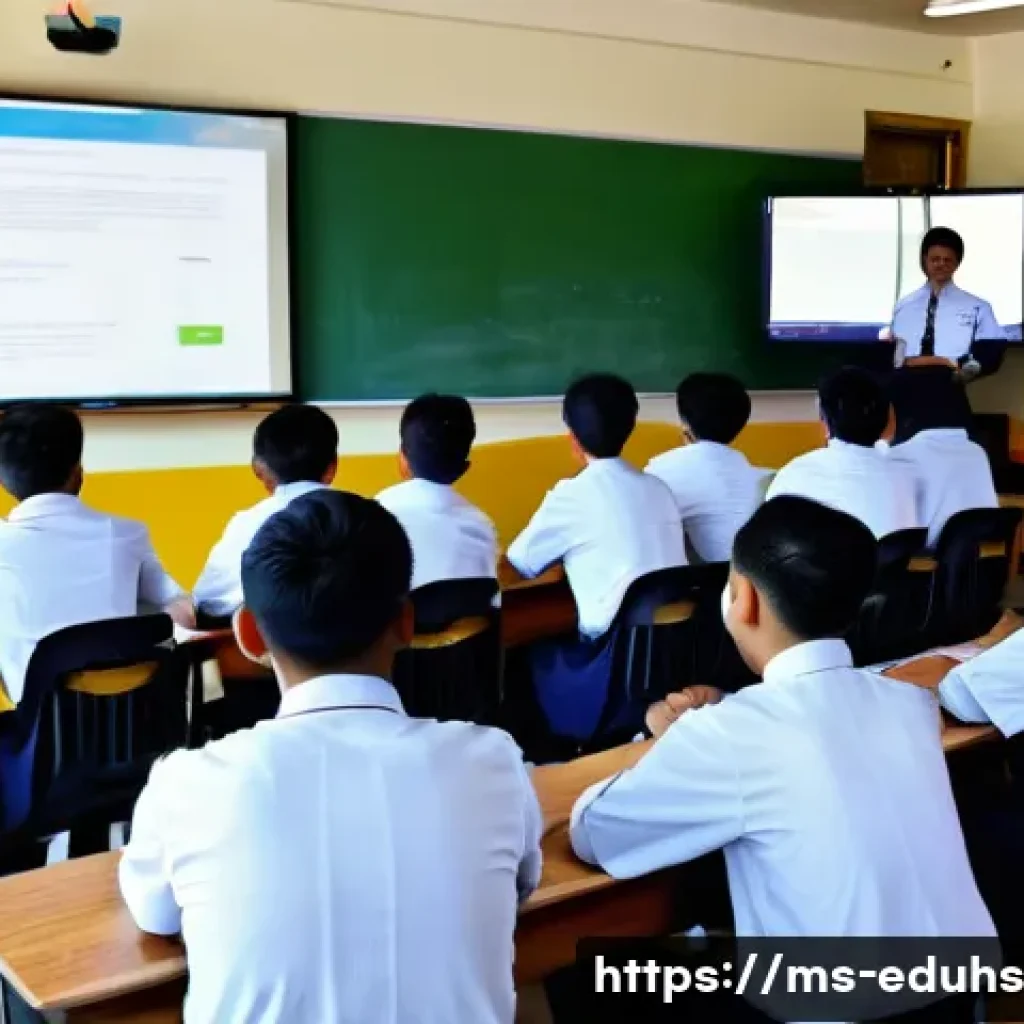 청소년의 디지털 시민의식 함양하기 - A diverse group of Malaysian teenagers in school uniforms, sitting in a modern classroom engaged in ...
