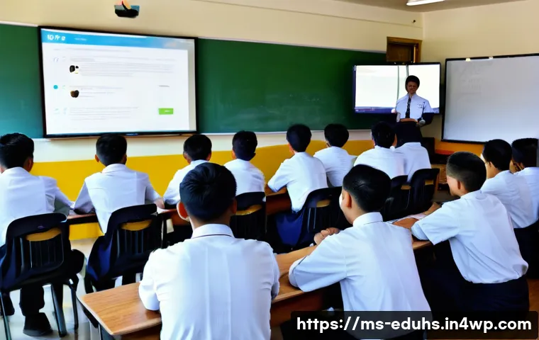 청소년의 디지털 시민의식 함양하기 - A diverse group of Malaysian teenagers in school uniforms, sitting in a modern classroom engaged in ...
