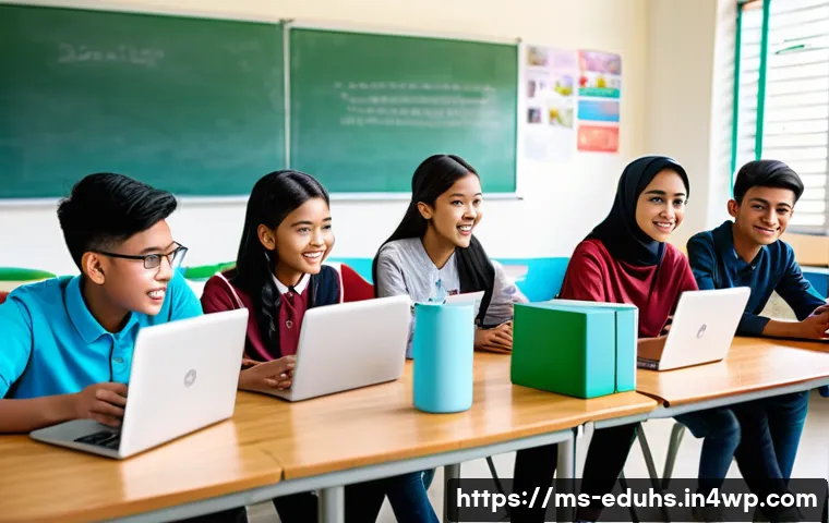 청소년 미디어 교육을 위한 전문가 인터뷰 - A diverse group of Malaysian teenagers sitting in a bright, modern classroom engaged in a lively gro...