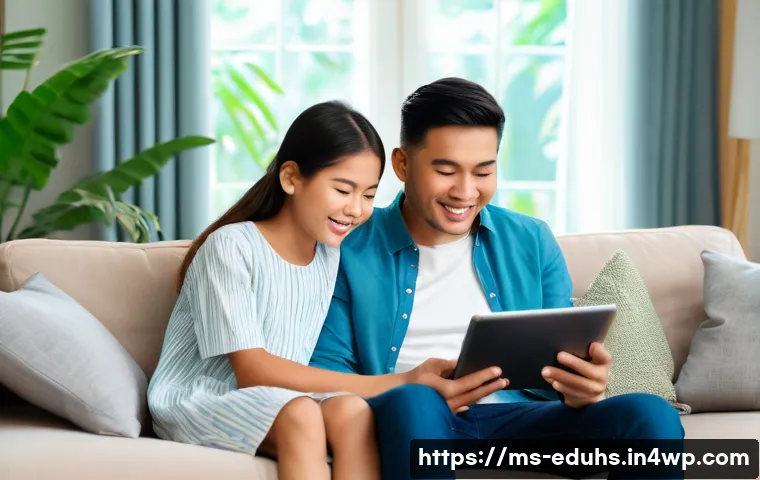 청소년의 미디어 선택에 대한 부모의 역할 - A warm and inviting Malaysian family living room scene featuring parents and two teenage children si...