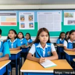 청소년의 미디어 탐색 능력 향상하기 - A vibrant Malaysian classroom scene where teenagers of diverse ethnic backgrounds are actively engag...