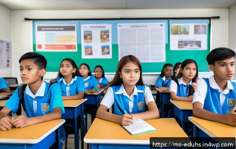 청소년의 미디어 탐색 능력 향상하기 - A vibrant Malaysian classroom scene where teenagers of diverse ethnic backgrounds are actively engag...