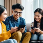 청소년의 미디어 사용 행동 분석 - A diverse group of Malaysian teenagers sitting together in a cozy modern living room, each using sma...