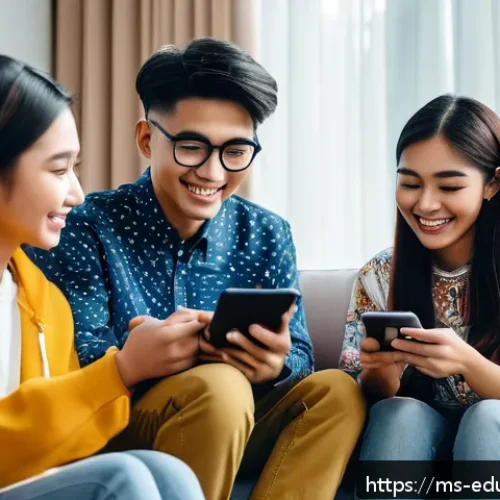 청소년의 미디어 사용 행동 분석 - A diverse group of Malaysian teenagers sitting together in a cozy modern living room, each using sma...