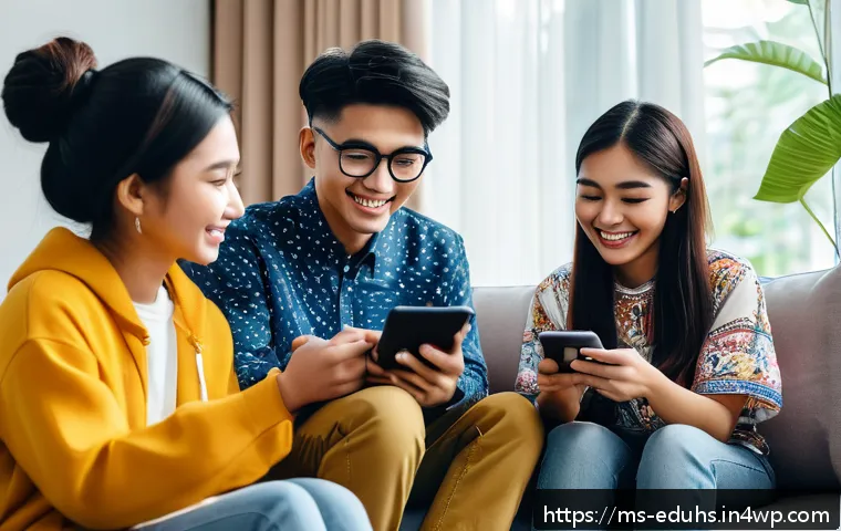 청소년의 미디어 사용 행동 분석 - A diverse group of Malaysian teenagers sitting together in a cozy modern living room, each using sma...