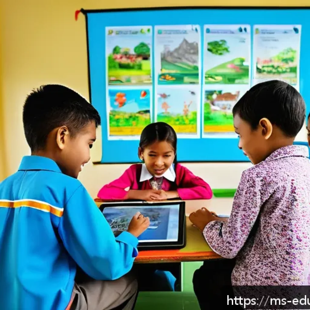 미디어 교육 커리큘럼 개발하기 - A vibrant Malaysian primary school classroom scene showing diverse children aged 7-10 years engaged ...