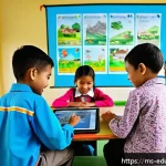 미디어 교육 커리큘럼 개발하기 - A vibrant Malaysian primary school classroom scene showing diverse children aged 7-10 years engaged ...