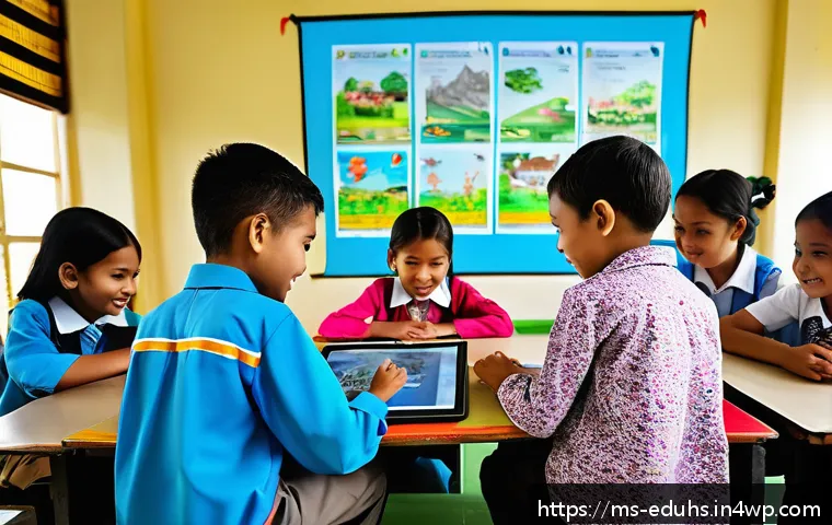 미디어 교육 커리큘럼 개발하기 - A vibrant Malaysian primary school classroom scene showing diverse children aged 7-10 years engaged ...