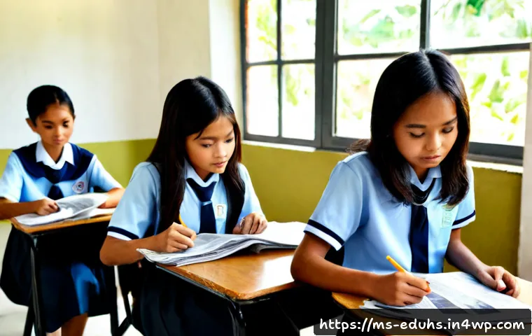 Home 31 청소년을 위한 비판적 사고 기르기 - Photorealistic Malaysian secondary school students in modest school uniforms seated around a bright ...
