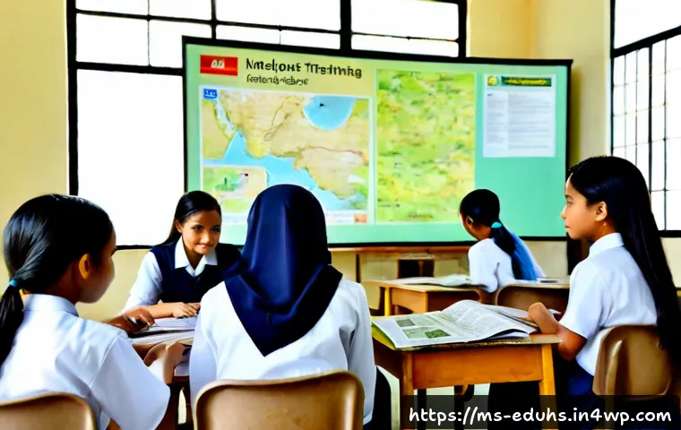 Home 30 청소년 미디어 교육의 도전과 과제 - Photorealistic Malaysian secondary school media literacy workshop, diverse Malay teenagers in modest...